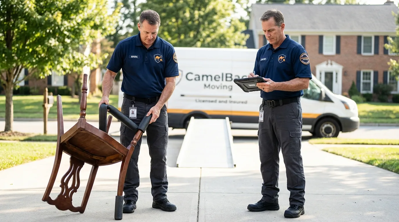 Movers inspecting furniture for damage prevention before loading in Knoxville, GA