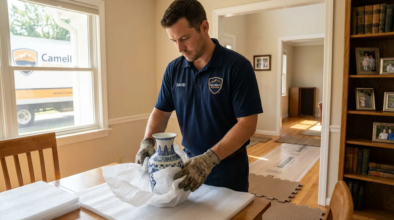 Professional crew carefully wrapping antique vase for senior downsizing move in Knoxville, GA